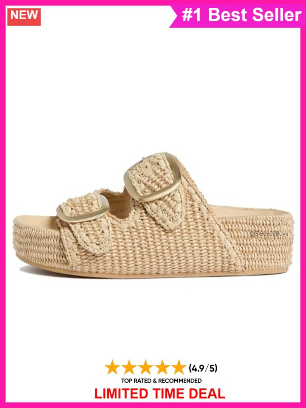 Raffia Platform Sandals Open Toe Slide Buckle Strap Casual Beach